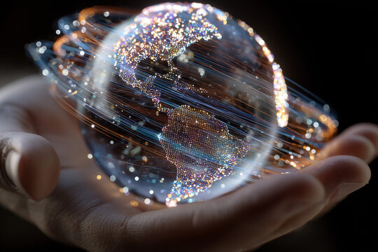 Holographic globe in hand: global data network connection