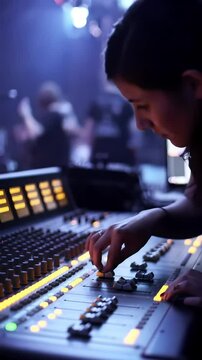 Sound engineer fingers adjusting sliders on large glowing audio mixing console during concert
