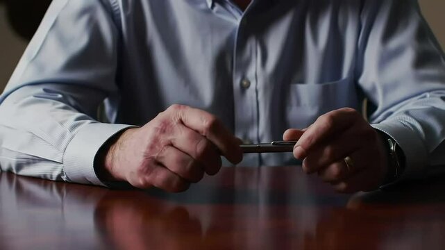 Tight on manager hands nervously fidgeting with pen delivering bad news to an unseen employee across desk