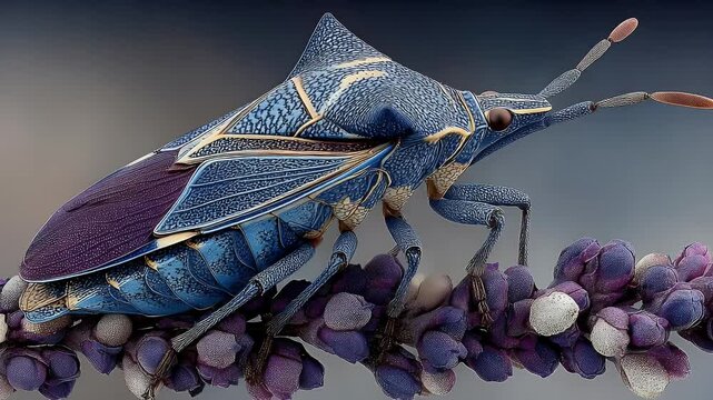 Detailed Blue Stink Bug on Lavender: Macro Insect Close-Up