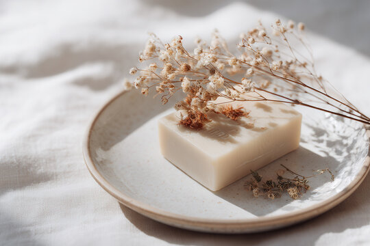 A minimalist scene featuring a white soap bar on a ceramic plate. Dried flowers are arranged beside the soap, set against a soft, neutral fabric background.