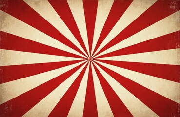Retro circus poster background. Red, white burst radial lines with grunge texture. Vintage carnival, summer fair or chapiteau backdrop. Nostalgic striped design for entertainment poster or wallpaper.