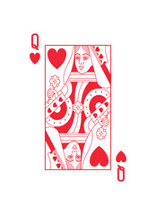 Queen character, design number 5, Hearts suit playing poker card, classic pattern design, isolated on white background, editable stroke line, vector illustration.