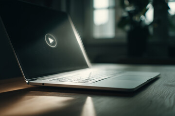 Laptop screen with play icon on wooden desk soft light