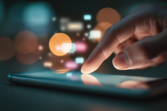 Hand scrolling digital smartphone screen with chat bubbles