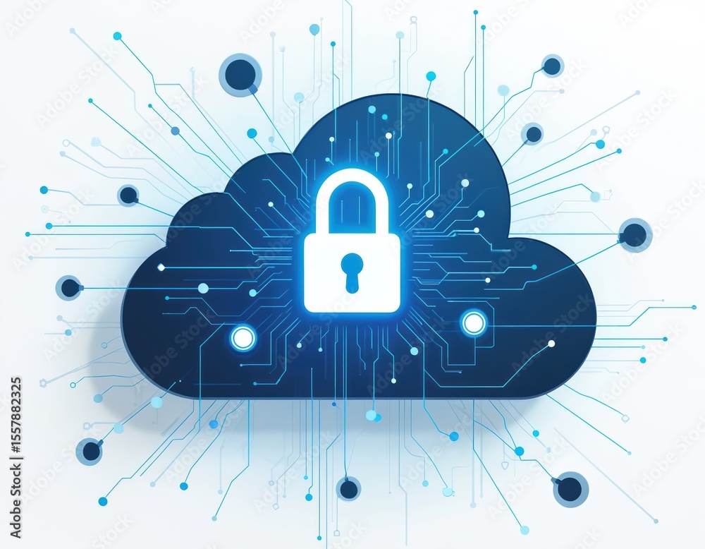 Poster cybersecurity concept. cloud with padlock icon represents data protection privacy. internet security