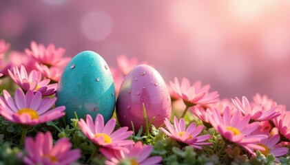 Vibrant Easter eggs nestled in dew-kissed pink daisies , joyful, water droplets, nature