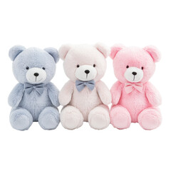 Soft plush teddy bears in pink, grey, and blue arranged on a Transparent background, Plush Teddy Bears  pink, grey and blue on PNG background