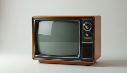 Classic old television isolated white background. Vintage TV display wooden case design. Retro show media tech device. Nostalgia concept with empty screen, copy space.