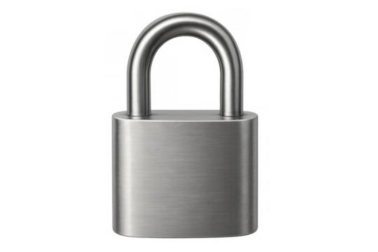 Closed metallic padlock representing data protection, privacy, and security, isolated on a transparent background