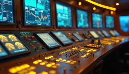 Vessel control room with navigation equipment, monitoring systems, radar. Vessel dashboard with radar, sonar data. Maritime tech, communication, operation. Modern control room with navigation