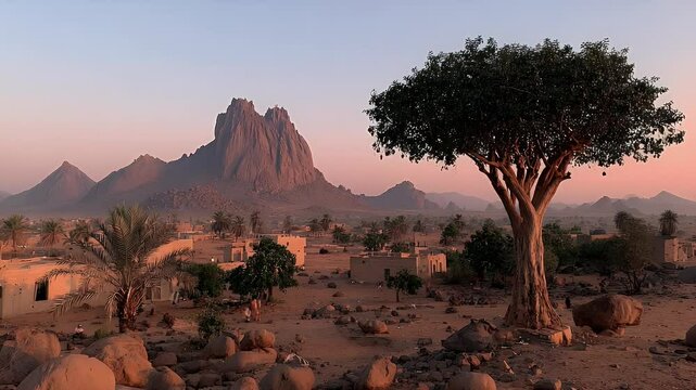 Ennedi Plateau Sunrise: Dramatic Mountains & Village Landscape in Chad, Africa