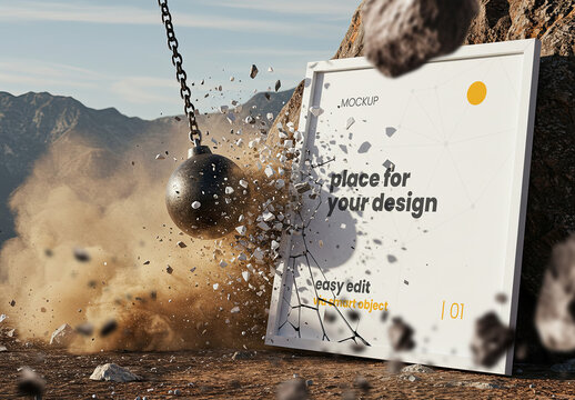 Demolition Wrecking Ball Hitting Square Poster Frame Mockup