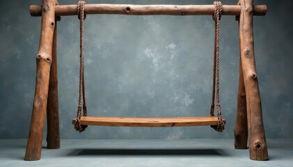 Empty rustic wooden swing, gray textured backdrop, empty, home