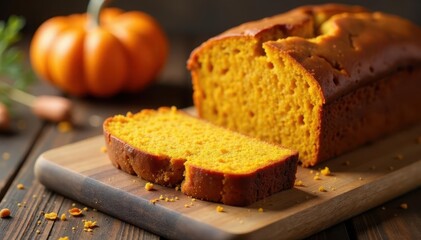 Moist slice of warm pumpkin carrot bread on a rustic wooden cutting board, baking, vegetables, harvest
