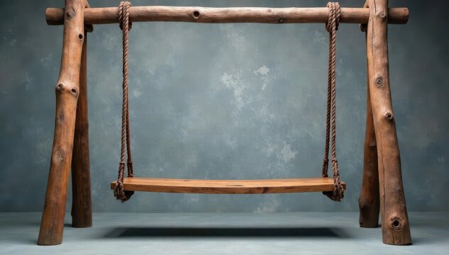 Empty rustic wooden swing, gray textured backdrop, empty, home