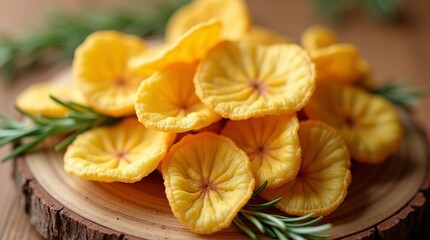 crispy banana chips on wooden table.