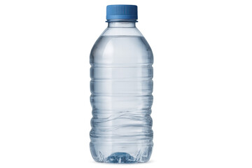 Blue-capped plastic water bottle standing on transparent surface, studio lighting emphasizing sleek minimalist packaging and pristine appearance