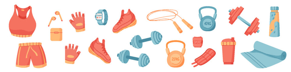 Flat sport equipment set background with gym accessories like kettlebell, dumbbell, mat, sneaker, and rope. Ideal for fitness, training, workout, and healthy lifestyle themes.