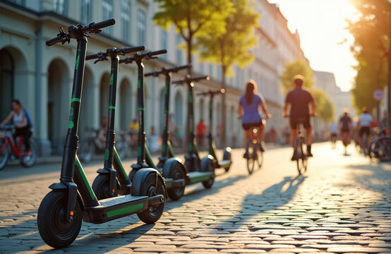 Electric scooters parked on city street. Modern sharing mobility, eco-friendly transport. People ride bikes. Sunny day. Urban life. Sustainable technology, reducing pollution, green transport. - Powered by Adobe