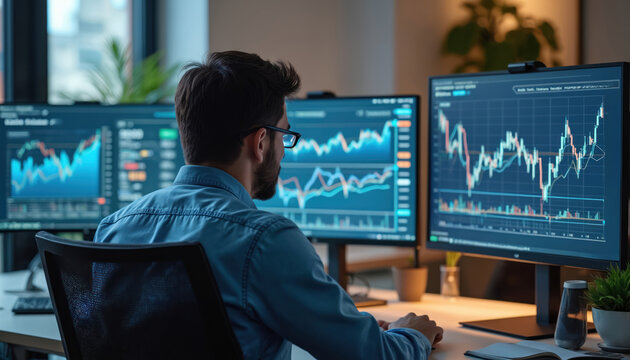 Financial expert reviews market projections investment strategies on computer. Man with glasses analyses charts on monitor screens. Businessman works at office trading stocks, shares. Analyst, trader