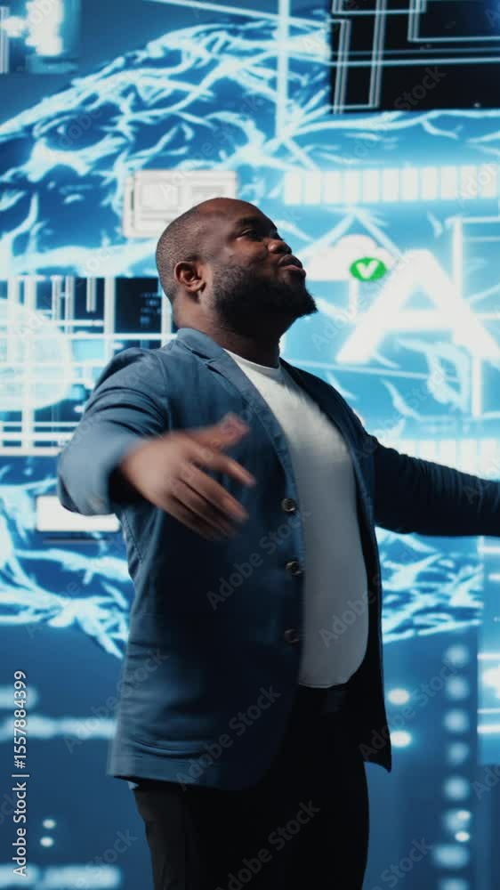 Poster vertical video african american guy reviews smart tech ai systems to interact with cybernetic platfo