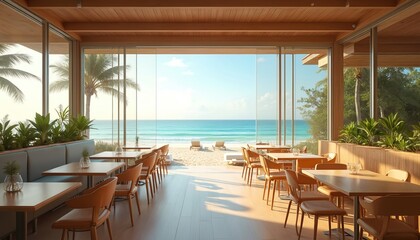 Beachfront restaurant with ocean view, sunny daytime. Empty tables chairs, design, decor. Tropical resort, vacation cafe. Interior dining room, panoramic windows overlooking ocean. Concept of travel
