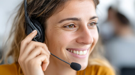 Smiling call center operator nodding in agreement, confirming positive customer solution