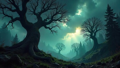Gnarled Trees Battle a Stormy Sky Ominous Forest Scene of Natures Fury