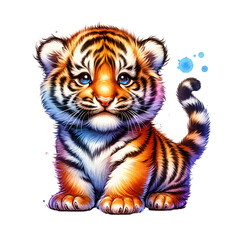 Cuteness Overload: A captivating and charming watercolor illustration of an adorable tiger cub, rendered in a vibrant and inviting style, showcasing its playful personality.