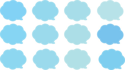 All the bubbles have a distinctive, rounded, cloud-like, or scalloped edge design. This vector image features twelve speech bubbles. Speech bubble with a white dashed line inside