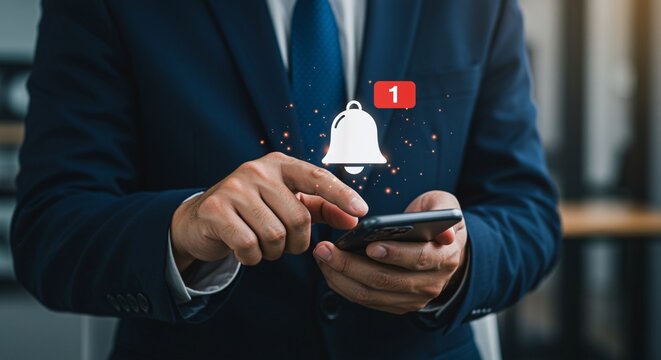 Businessman Using Phone with Notification Icon Alert