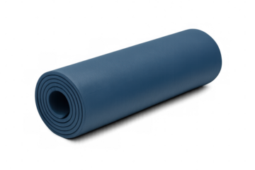 Blue yoga mat tightly rolled, displaying minimalist design against transparent backdrop, ready for workout sessions
