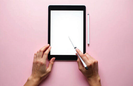 Woman uses digital tablet with stylus pen on pink background. Flatlay view of modern tech device, creative app design. Blank white screen for mockup presentation or advertisement.