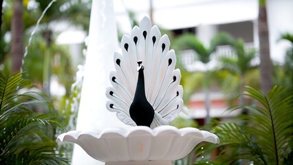 Close up of a white peacock statue on a fountain with green foliage in the background