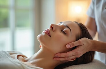 Woman getting cranial sacral therapy massage in spa. Physiotherapist or chiropractor works on client head neck. Beauty treatment for face body. Relaxation, wellness. Close up. Healthcare.