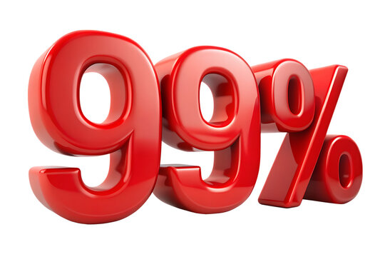Shiny red 3 D ninety nine percent symbol with highlights and shadows isolated on a transparent background