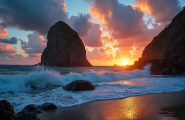 Sunset on beach. Huge rock, crashing waves, stunning colourful clouds, sun reflections on water. Scenic coastal landscape, inspiring nature, tourism, travel destination, vacation, freedom.