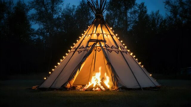 Illuminated Teepee Campfire at Dusk: Cozy Night, Warmth, and Adventure