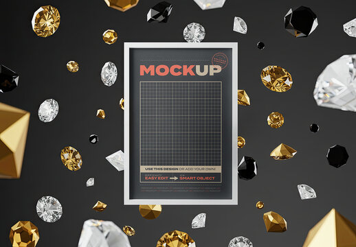 Poster Frame Mockup Floating with Diamonds Jewels and Gold