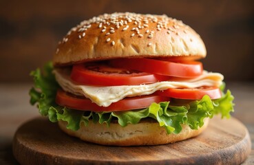 Close-up of fresh turkey sandwich with tomato lettuce on wooden board. Delicious gourmet lunch meal, fast food, tasty snack for breakfast, dinner picnic. Healthy, balanced, wholesome food. Tasty