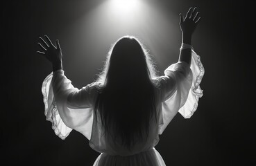 Backlit actress in spotlight. Female silhouette with hands raised, theatrical drama performance scene. Emotional art, expressive pose in theater. Inspiration, fantasy, religion, spirituality concept.