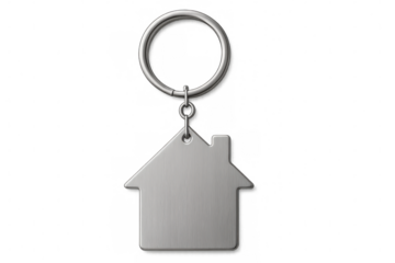 Brushed metal keychain with house shape hanging on transparent background, perfect for real estate and property business concepts