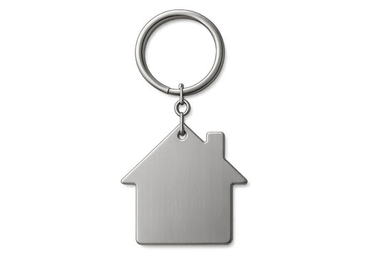 Brushed metal keychain with house shape hanging on transparent background, perfect for real estate and property business concepts
