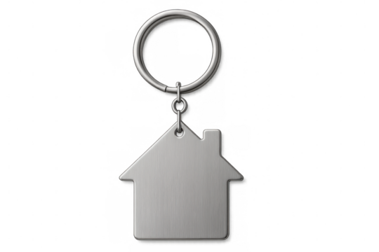 Brushed metal keychain with house shape hanging on transparent background, perfect for real estate and property business concepts - Powered by Adobe