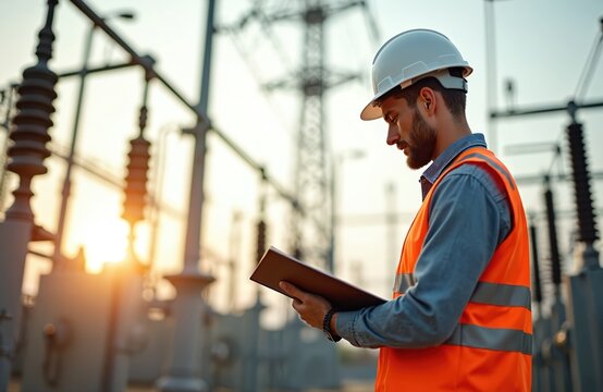 Energy engineer inspecting substation equipment. Electrician studies plan in front of power station with transmission lines. Electrical maintenance at sunset. Safety work environment with hard hat,