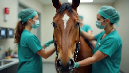 Brown horse receives medical attention from veterinarians in clinic. Equine health care. Doctors, patient exam. Surgical operation, recovery. Medicine, veterinary services, equine clinic, stable.