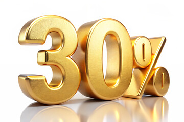 Three dimensional golden thirty percent symbol with a reflective surface and glitch art background isolated on a transparent background