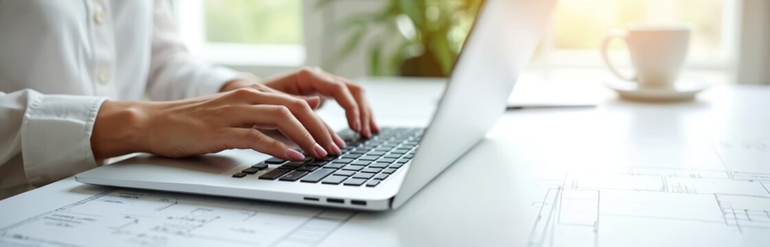 Woman typing on laptop keyboard closeup. Lady works online, learns remotely, uses internet marketing, works from home, office workplace freelance concept. Businesswoman student at workplace with cup - Powered by Adobe