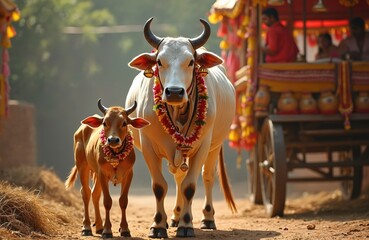 Pongal celebration in south India with decorated cows, prosperity. Traditional religious harvest festival with animals. Cow mother with calf, decorative ornaments, garlands. Holy animal in